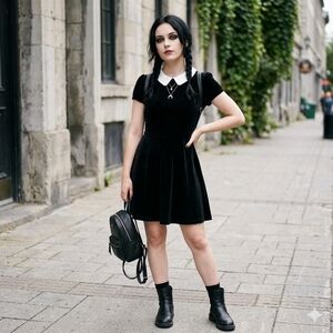 Hot Topic Black Velvet Wednesday Addams Peter Pan Collar Dress Size M